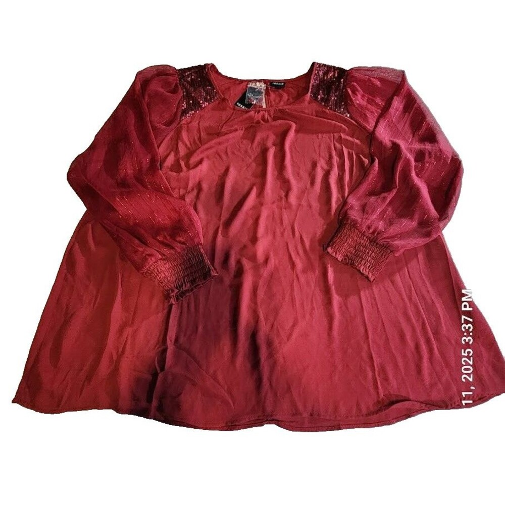 Torrid Georgette Blouse With Sequin Trim Top Size 3x Red Long Sleeve Sparkle NWT